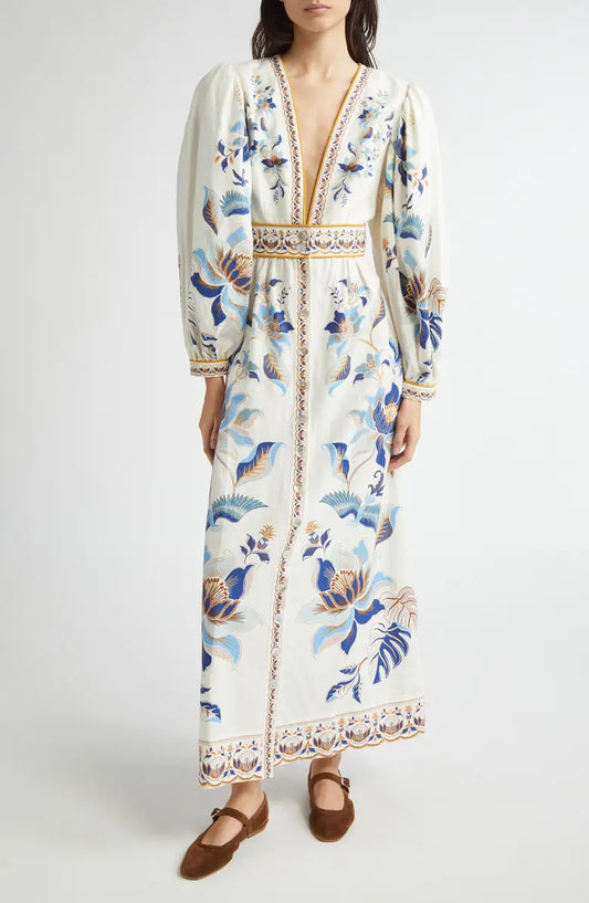 Blue Lotus Placed Print Long Sleeve Linen Blend Dress