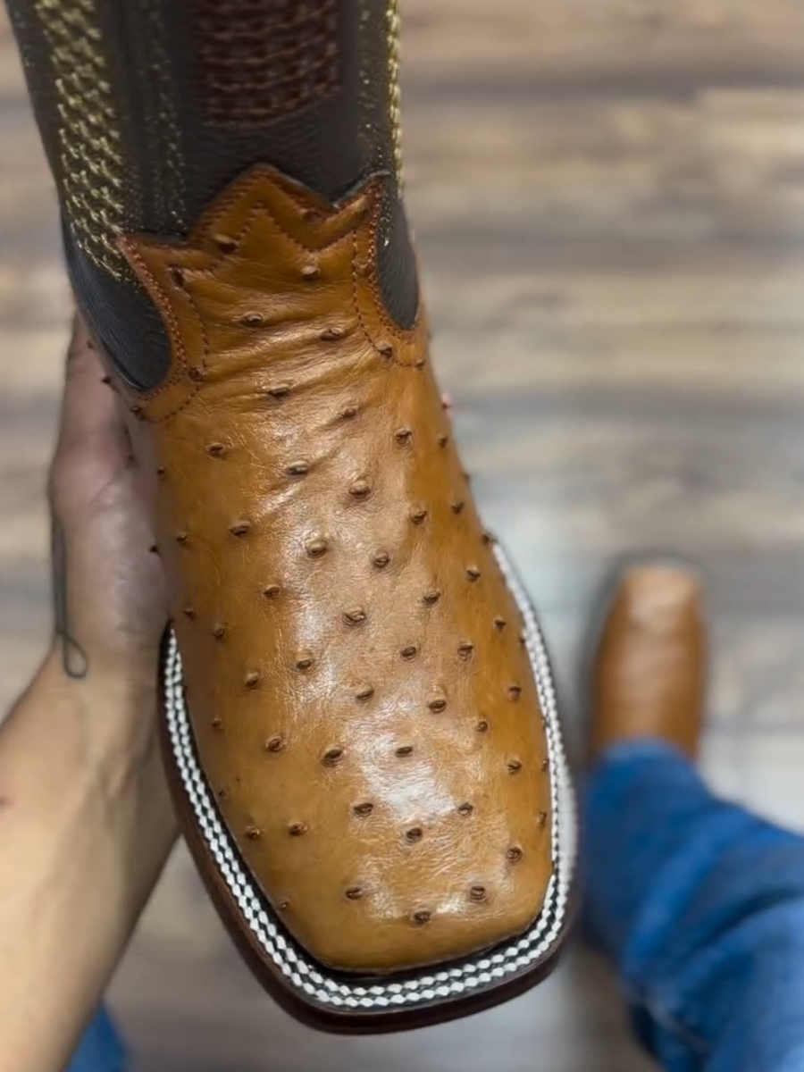 Men's Square Toe Ostrich Leather Cowboy Boots