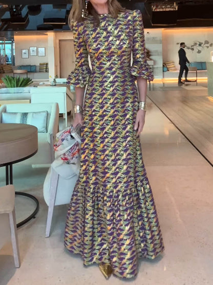 Elegant Gold Foil Trumpet Sleeve Dress