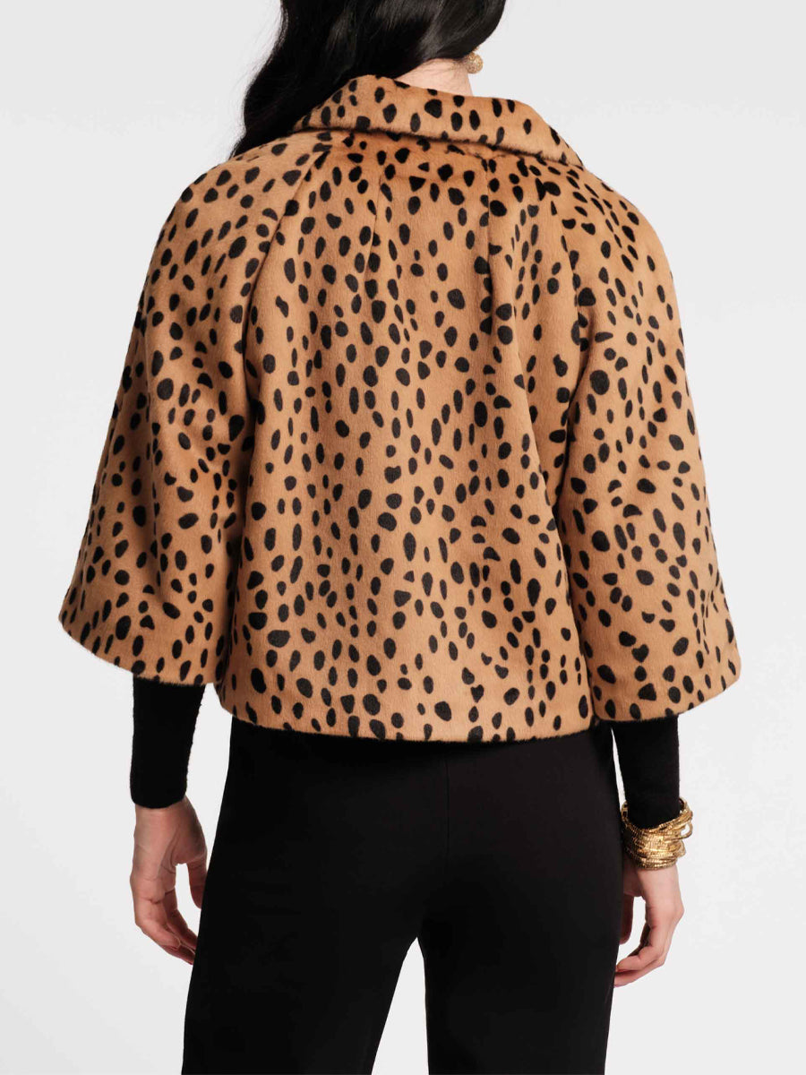 Lapel Collar Spotted Print Faux Fur Cropped Jacket