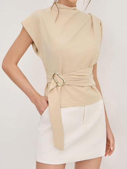 Buckle Tie Stand Collar Blouse