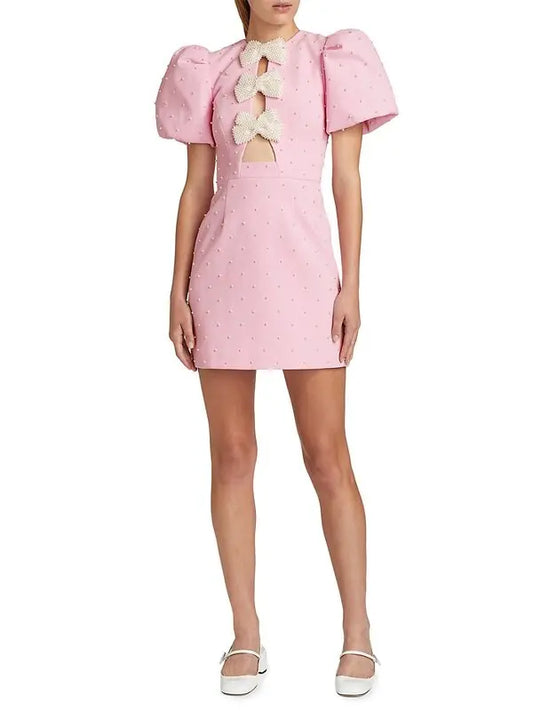 Pearl Bow Puff-Sleeve Mini Dress