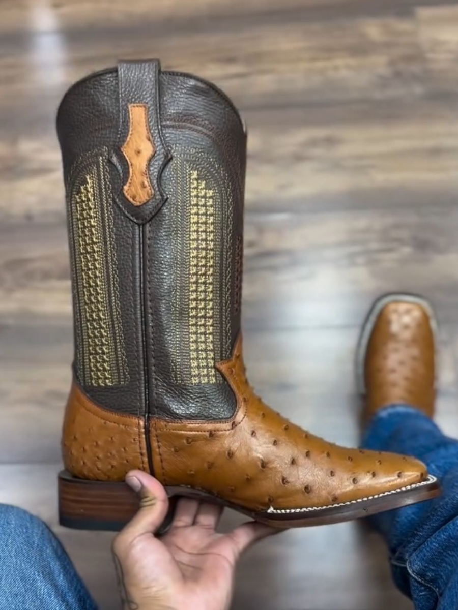 Men's Square Toe Ostrich Leather Cowboy Boots