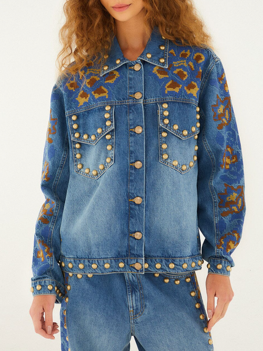 Denim Metal Details Embroidered Jacket and Pants