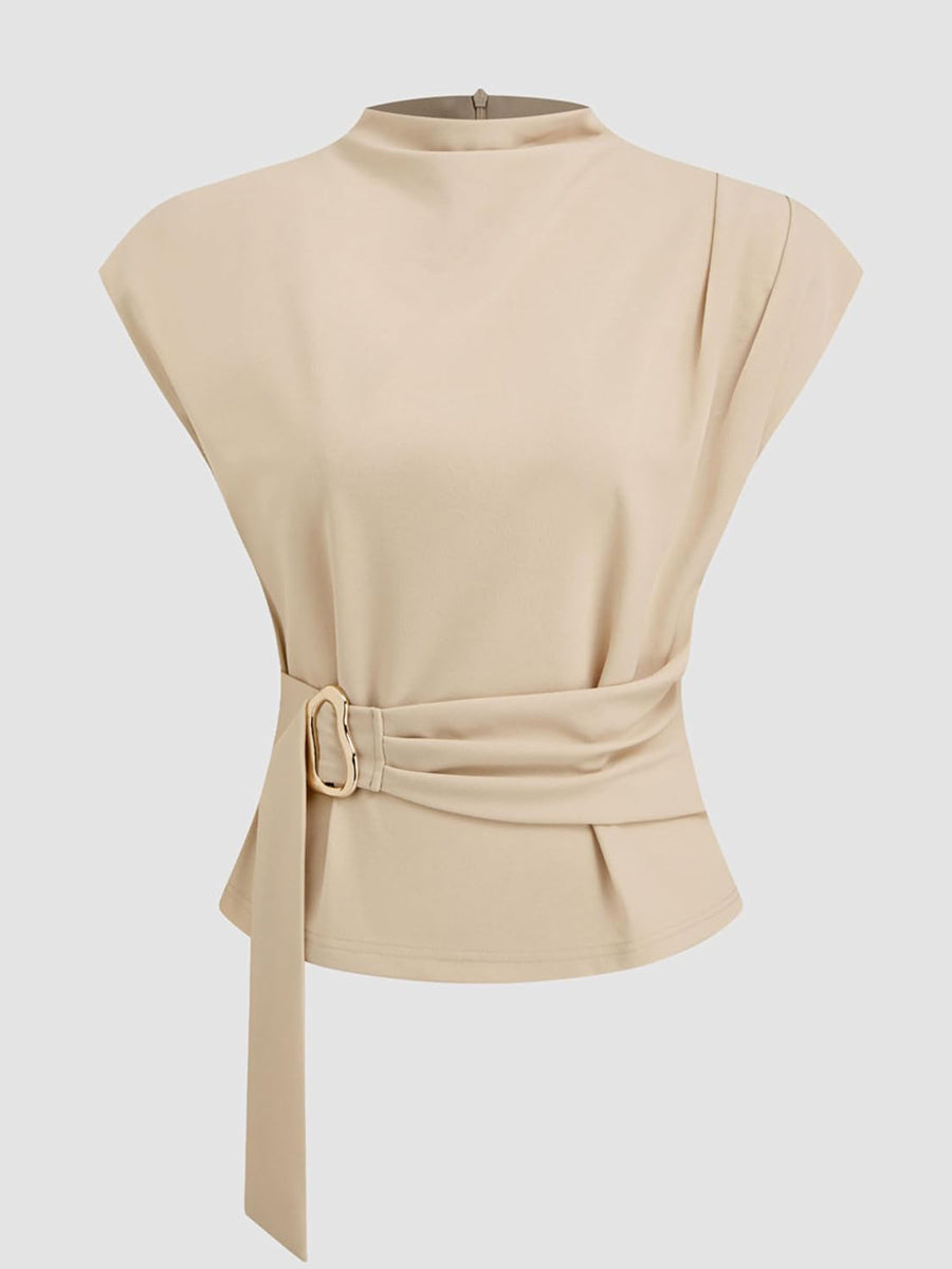 Buckle Tie Stand Collar Blouse