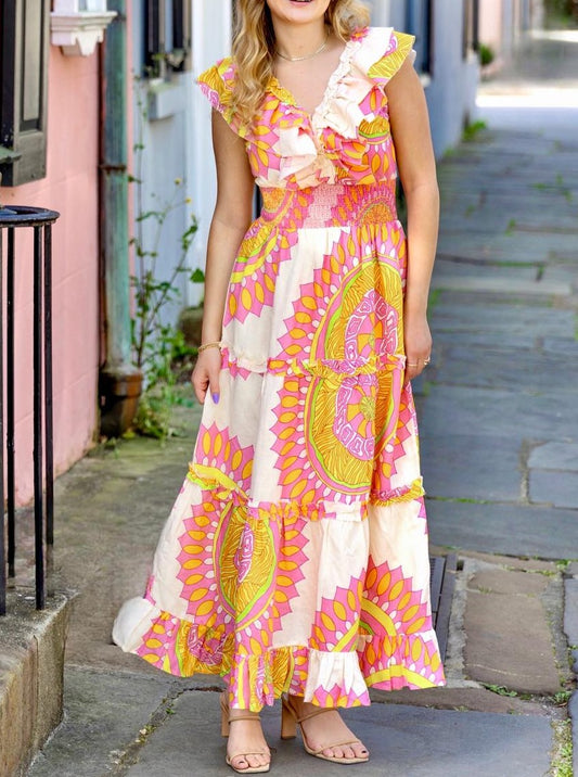 Sunrise V-neck Ruffle Dress