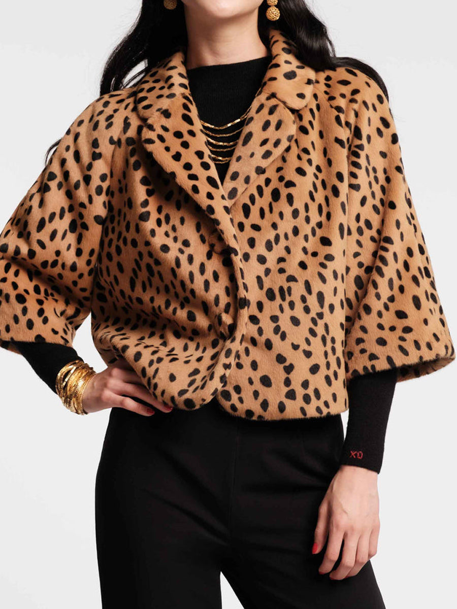 Lapel Collar Spotted Print Faux Fur Cropped Jacket