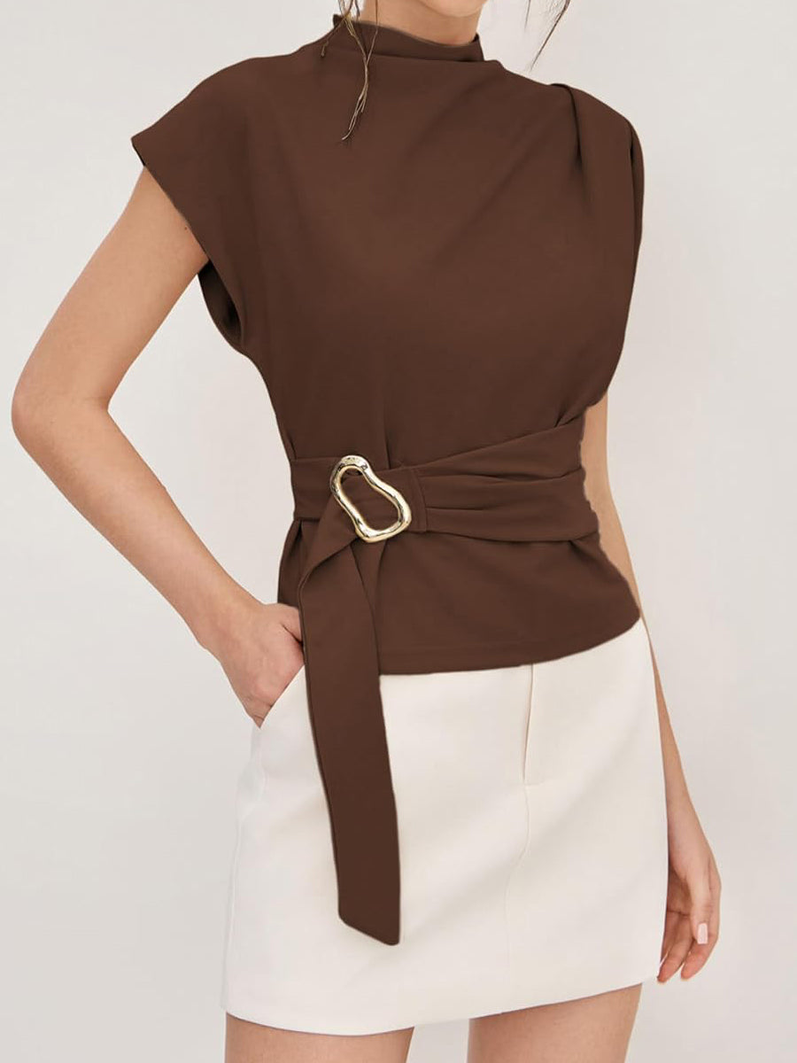 Buckle Tie Stand Collar Blouse