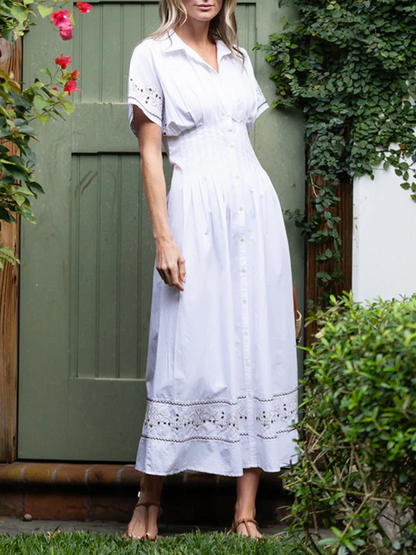 Cotton Embroidered Pleated Shirt Dress