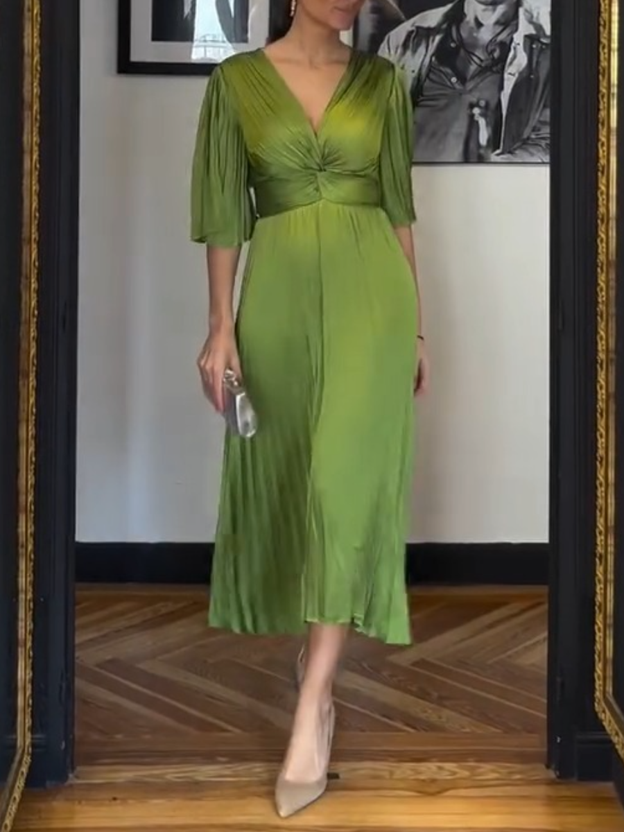 Pleated Satin Midi Dress