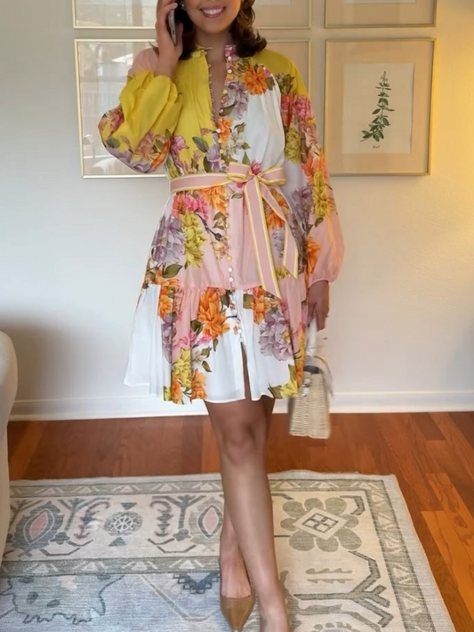 Floral Print Self-Tie Button Front Dress