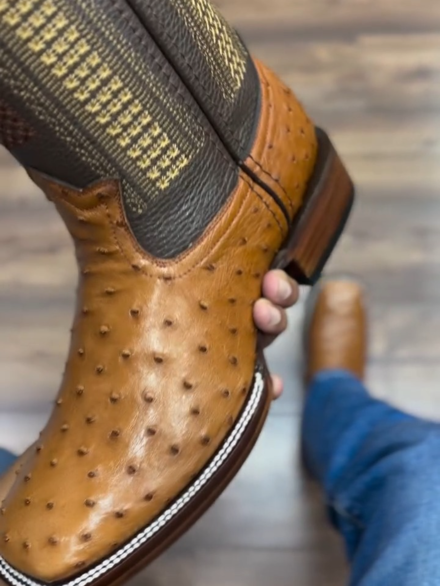 Men's Square Toe Ostrich Leather Cowboy Boots
