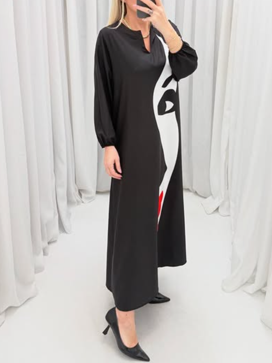 Long Sleeve V Neck Printed Pocket Dress