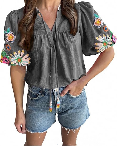Adorable Embroidered Lantern Sleeve Top