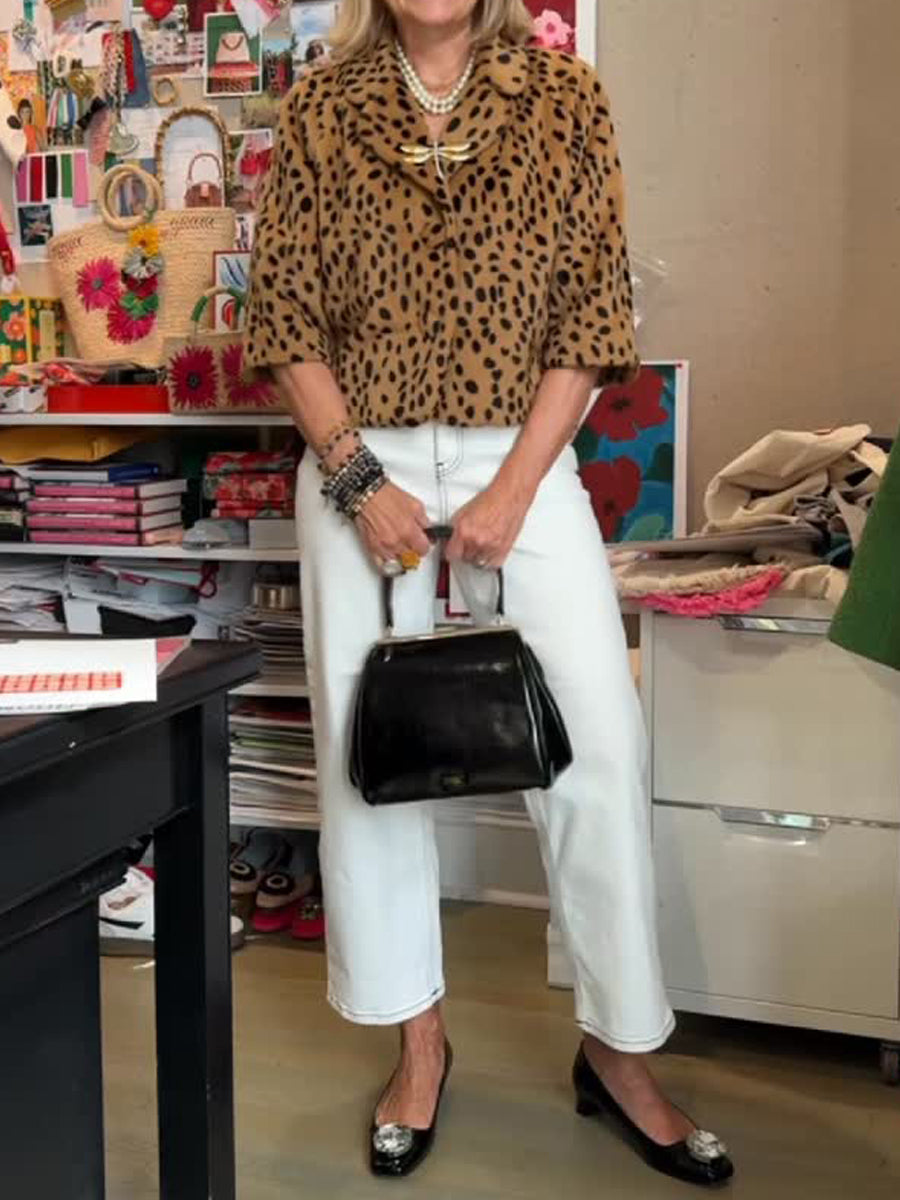 Lapel Collar Spotted Print Faux Fur Cropped Jacket