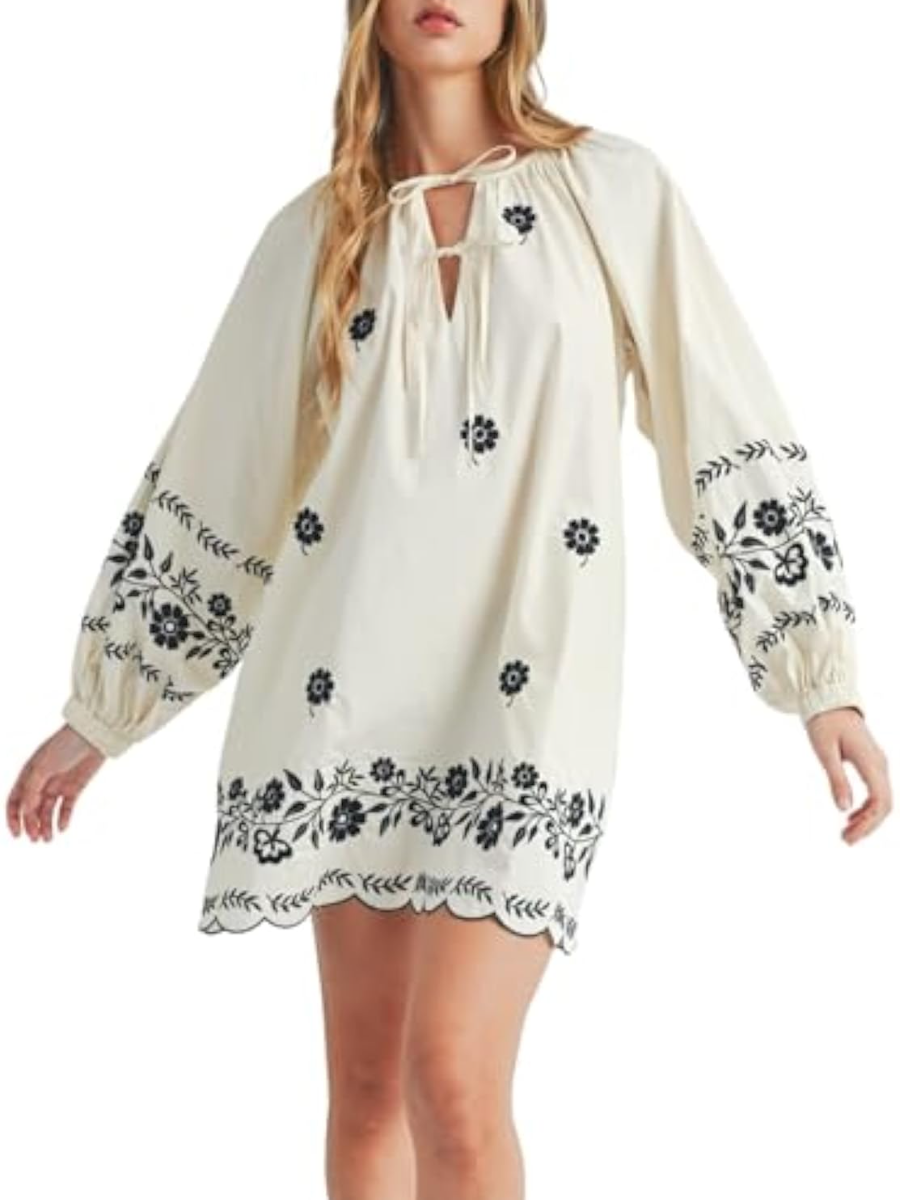 Flower Embroidery Casual Long Sleeve Dress