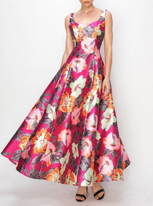 Pink Floral Flower Print Heart Neckline Sleeveless Dress