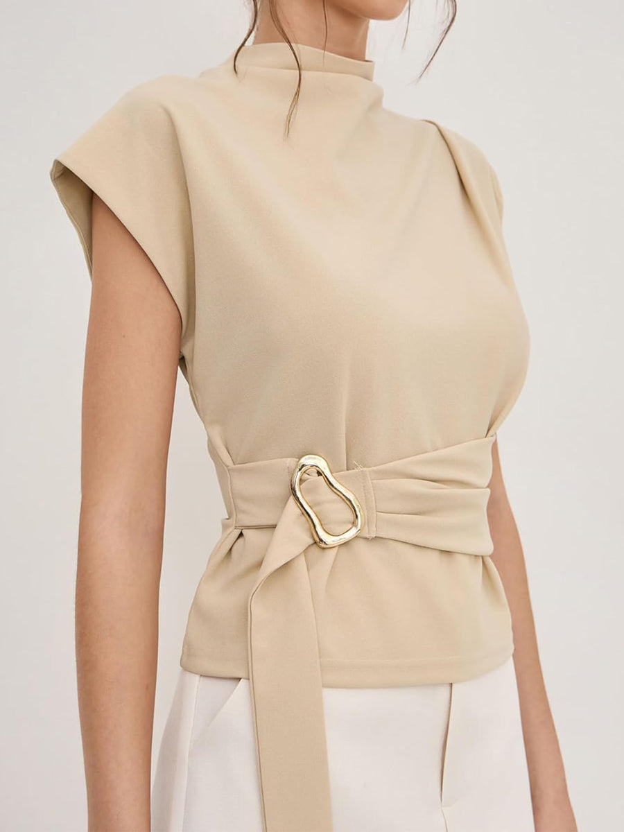 Buckle Tie Stand Collar Blouse