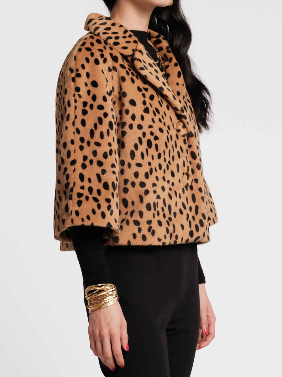 Lapel Collar Spotted Print Faux Fur Cropped Jacket