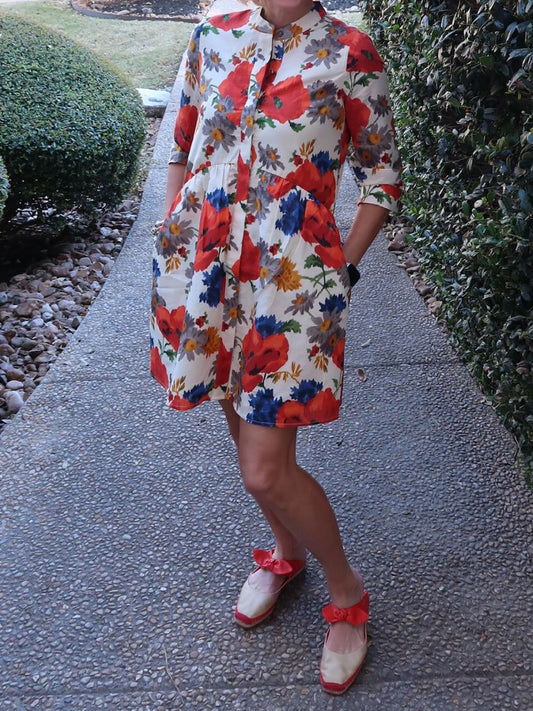 Band Collar Printed Elbow Length Sleeve Dress