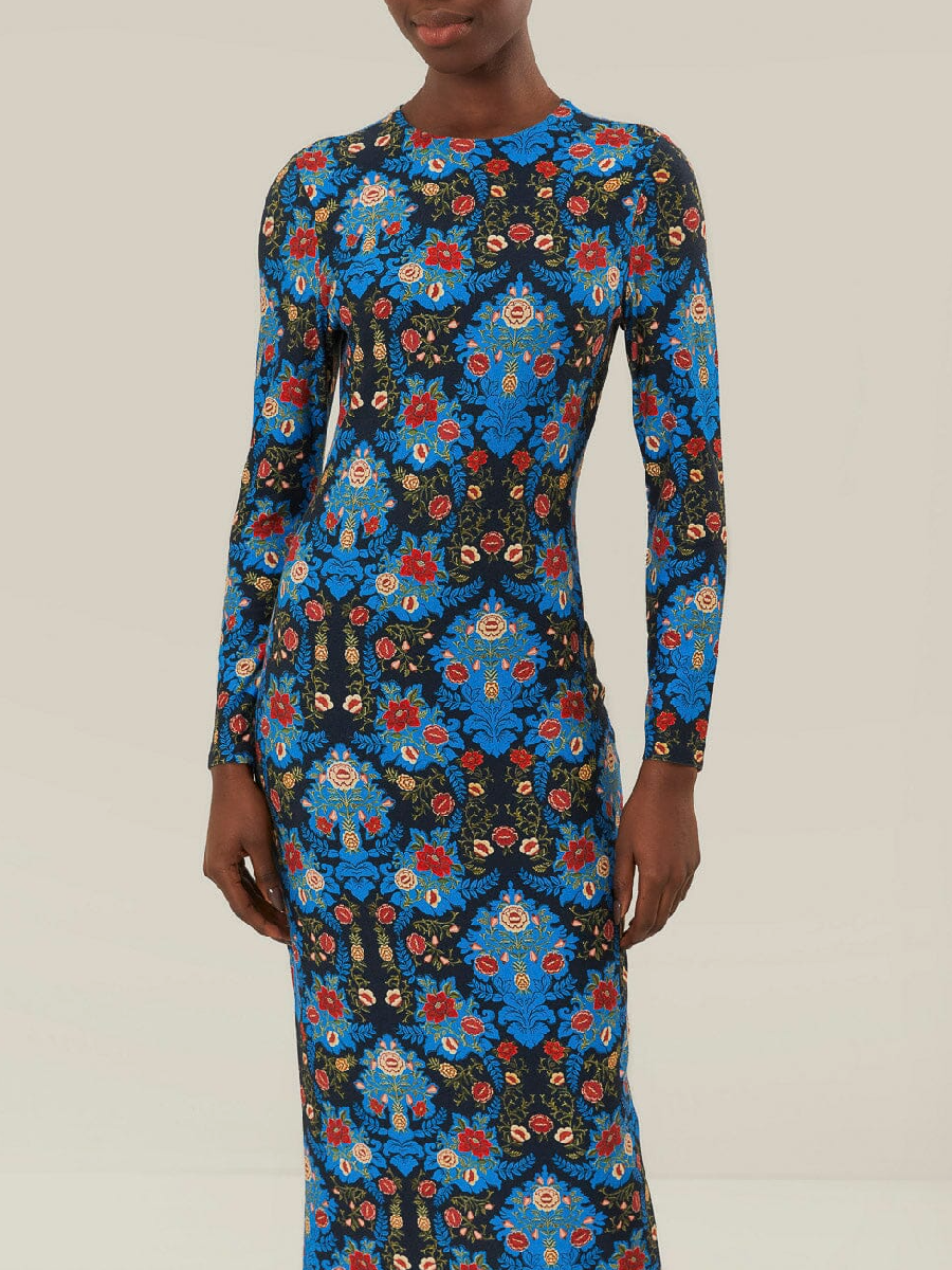 Blue Arabesque Floral Jersey Midi Dress