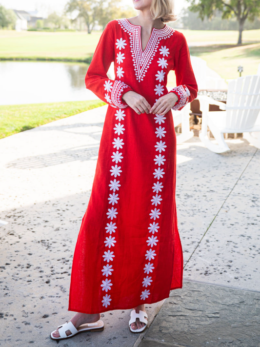Embroidered V-neck Side Slits Dress