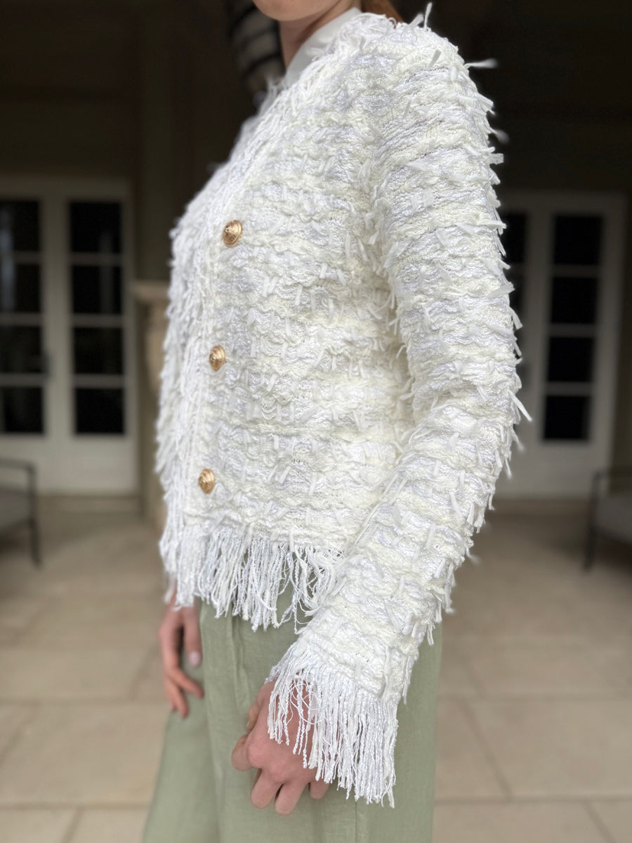Elegant Fringed Metal Button Cardigan Jacket
