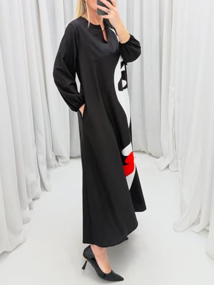 Long Sleeve V Neck Printed Pocket Dress
