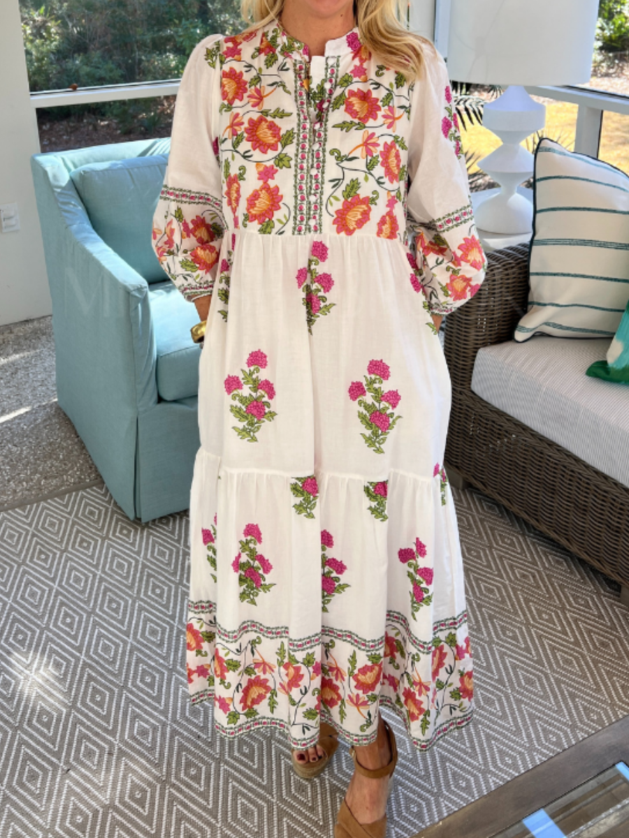 Long Sleeve Floral Cotton Layered Dress