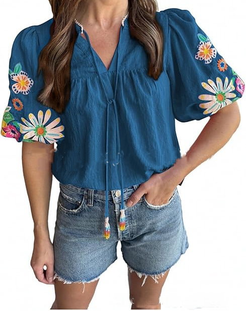 Adorable Embroidered Lantern Sleeve Top