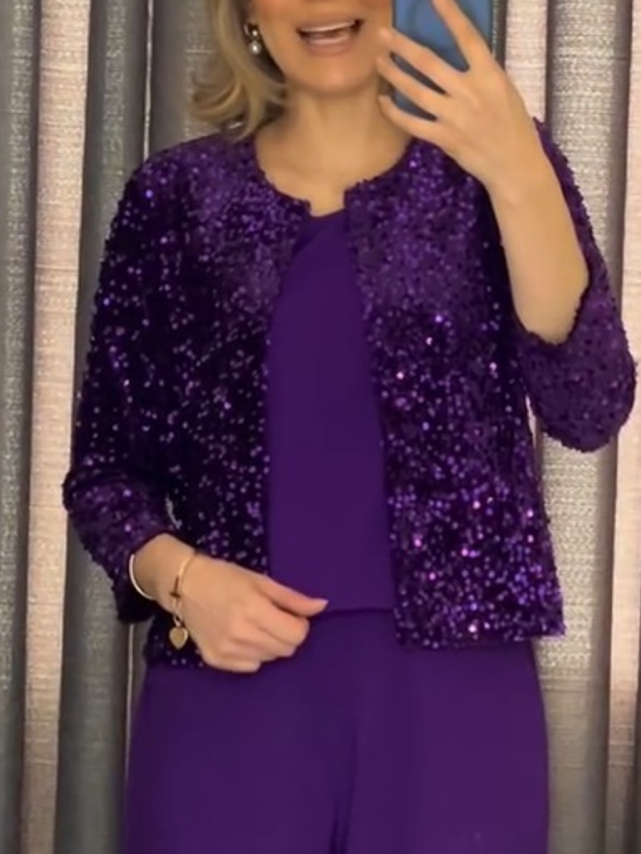 Dazzling Crew Neck Sequined Jacket