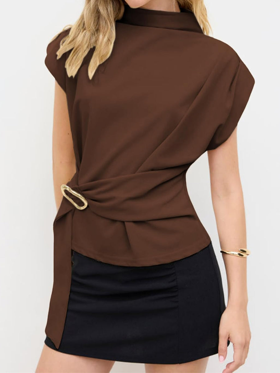 Buckle Tie Stand Collar Blouse
