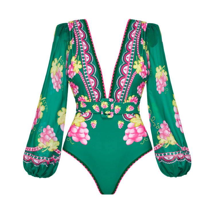 Retro Green Grapes Print One Piece Swimsuit and Skirt