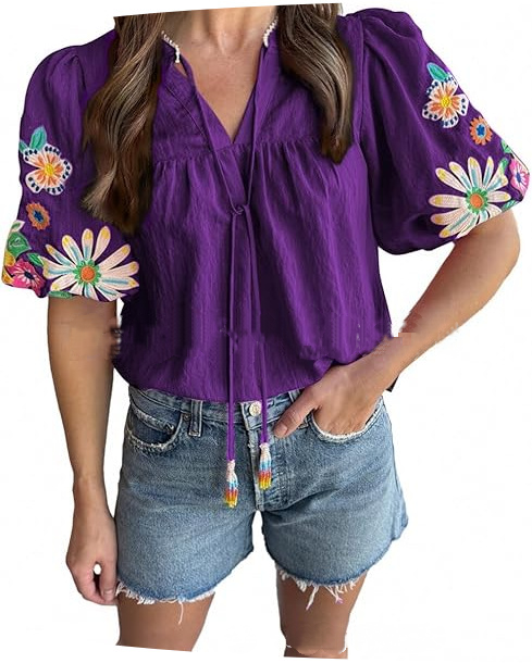 Adorable Embroidered Lantern Sleeve Top