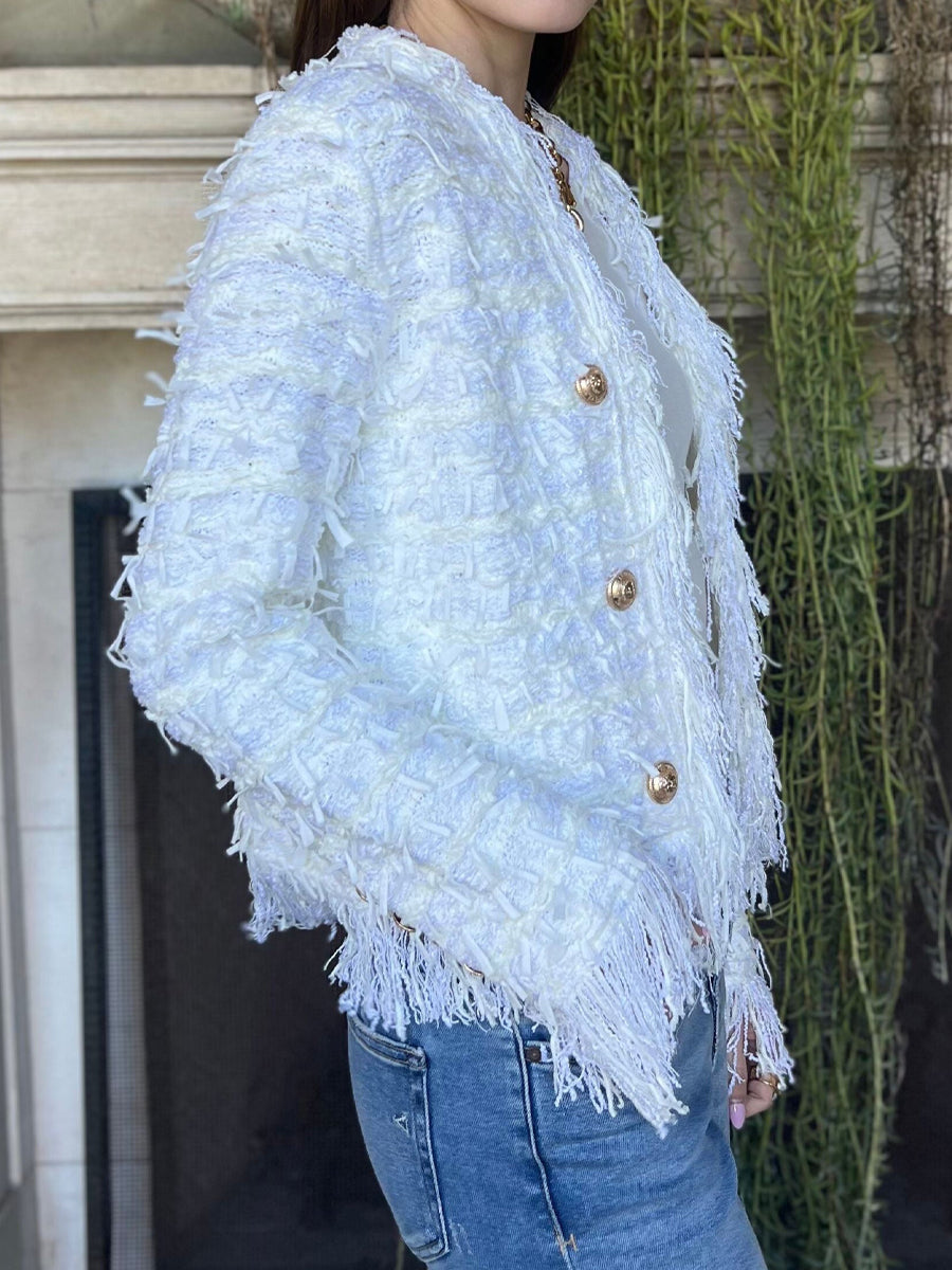 Elegant Fringed Metal Button Cardigan Jacket