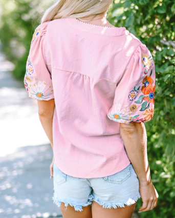 Adorable Embroidered Lantern Sleeve Top
