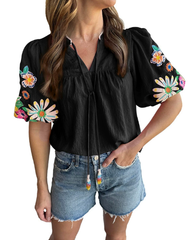 Adorable Embroidered Lantern Sleeve Top