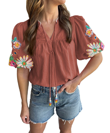 Adorable Embroidered Lantern Sleeve Top