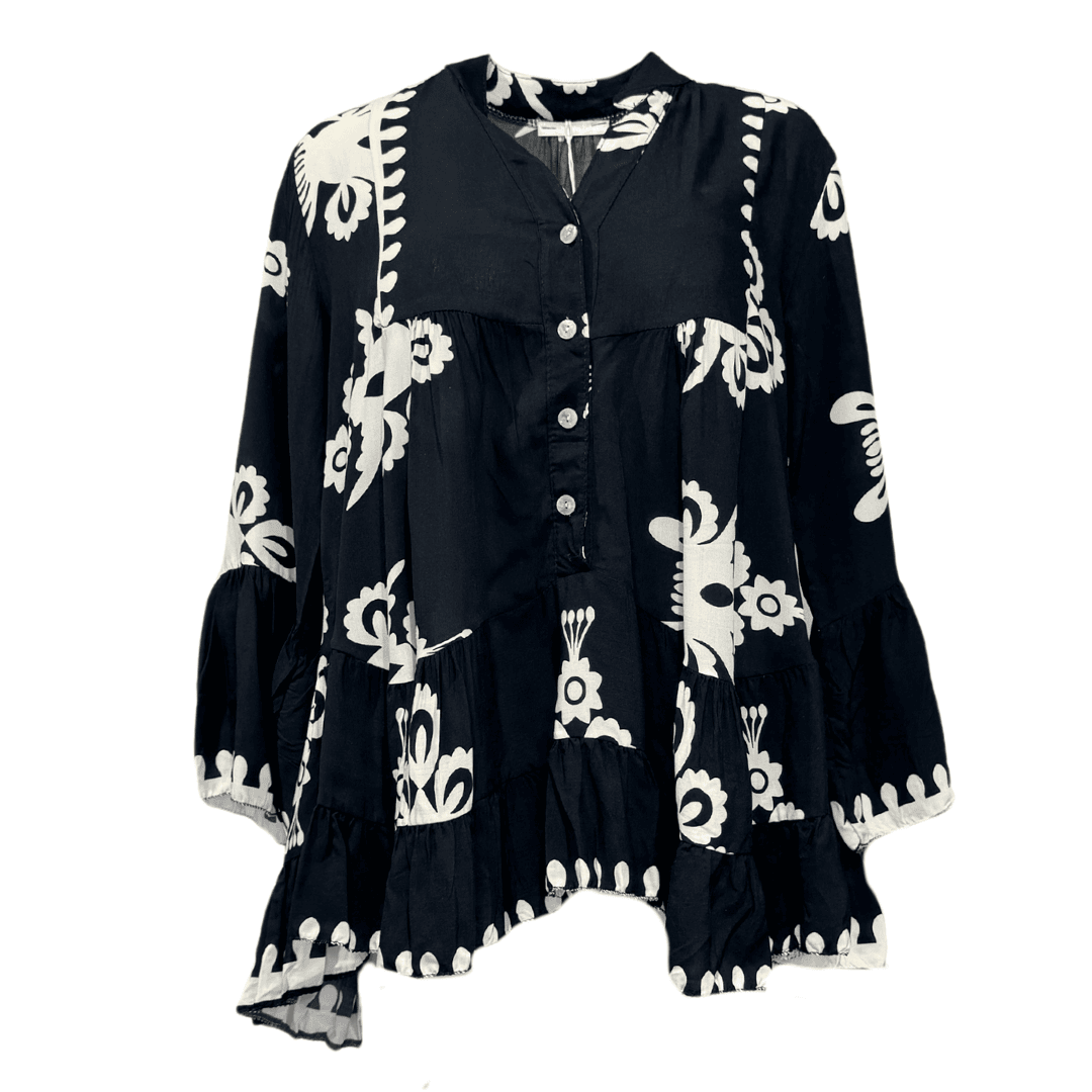 V-neck Printed Long-Sleeve Ruffle Blouse