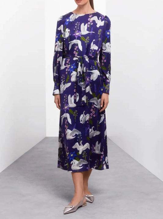 Elegant Silk Printed Swan Dress