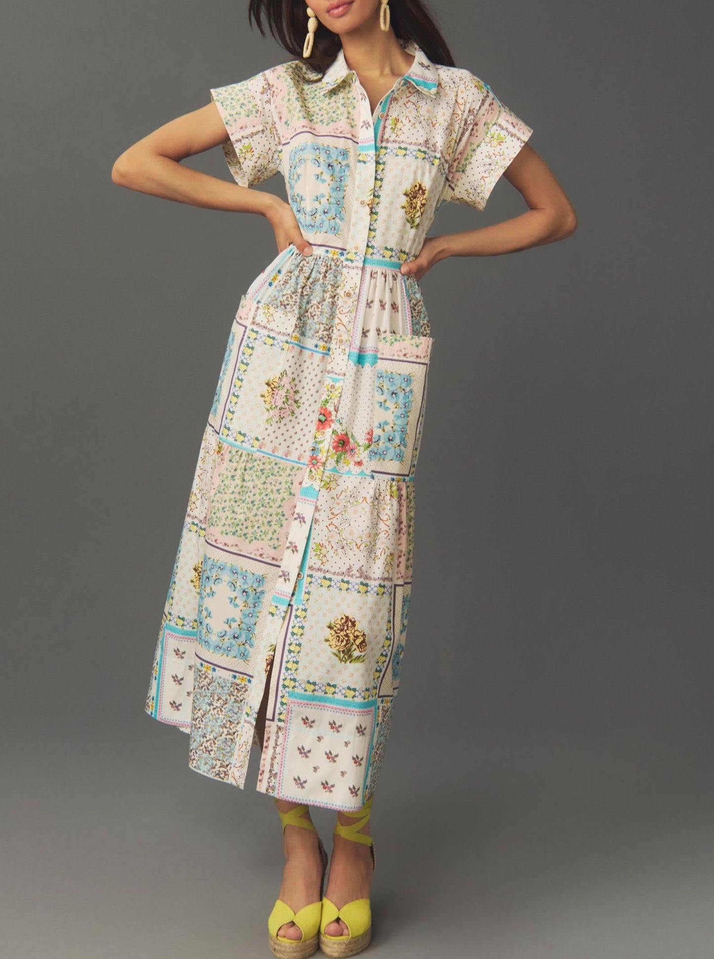 Printed Patchwork Short Sleeve Shirtdress