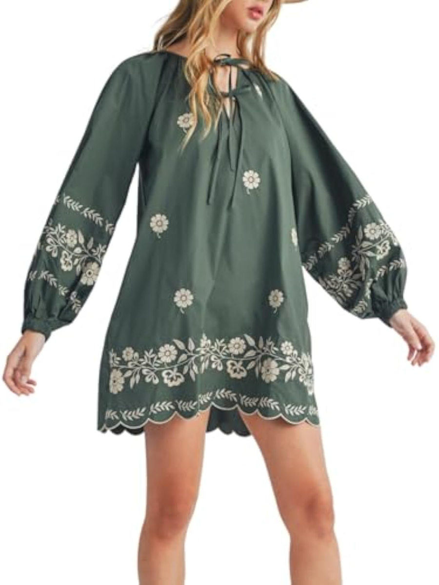 Flower Embroidery Casual Long Sleeve Dress