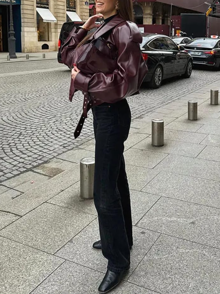 Long Sleeve Retro Collar Leather Jacket