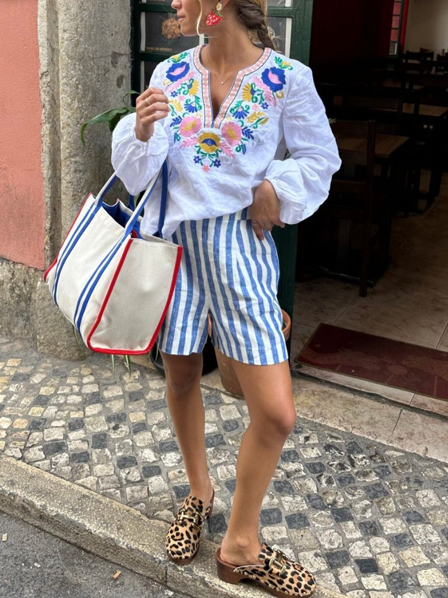 White Floral Linen Top