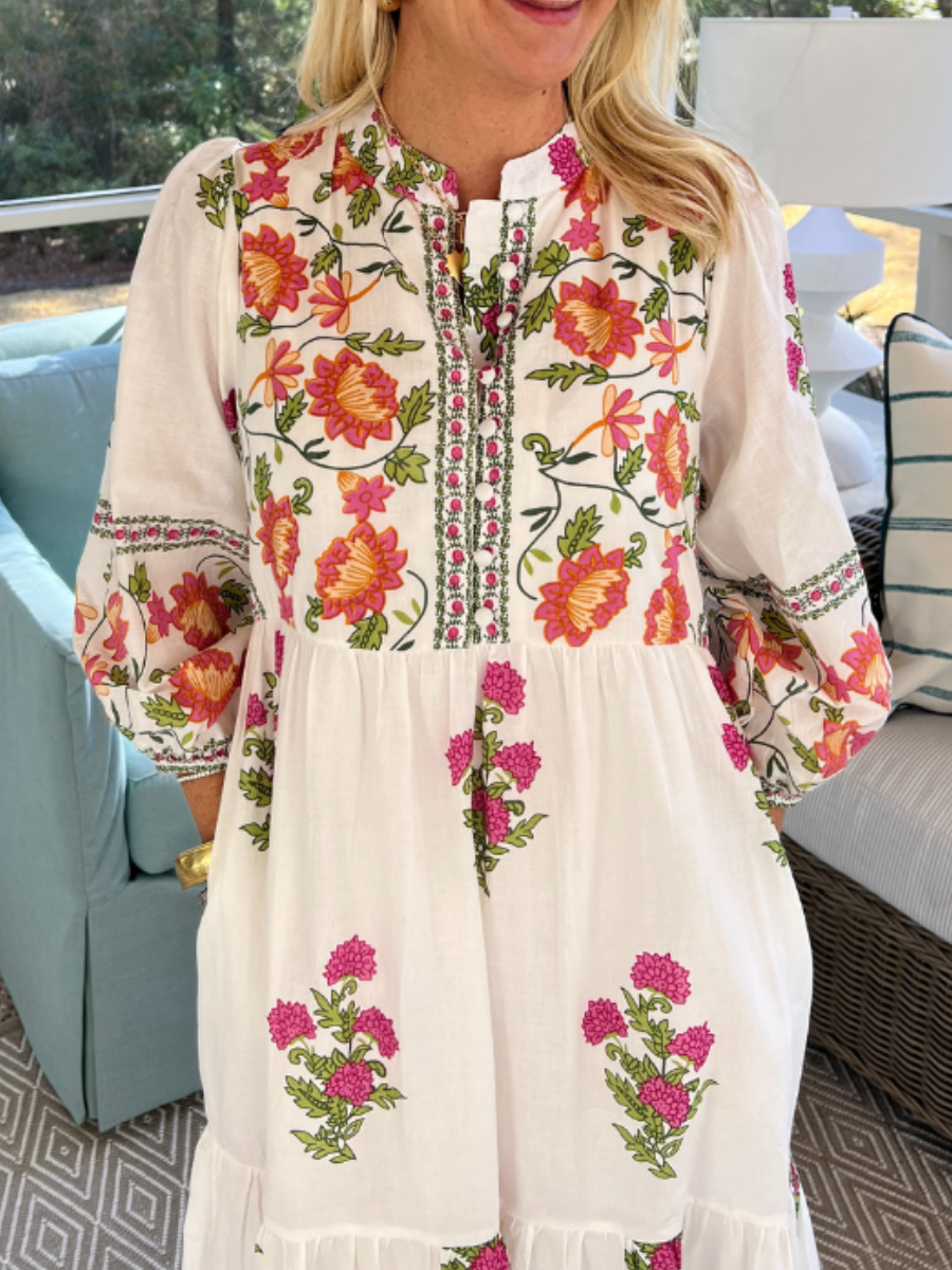 Long Sleeve Floral Cotton Layered Dress