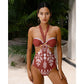 Bamboo Buckle Halter Cutout Retro Print One Piece Swimsuit and Skirt