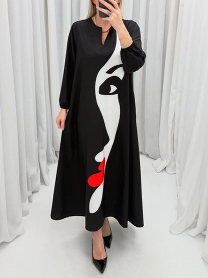 Long Sleeve V Neck Printed Pocket Dress