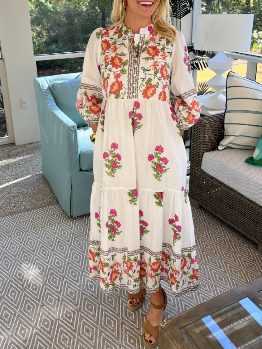 Long Sleeve Floral Cotton Layered Dress