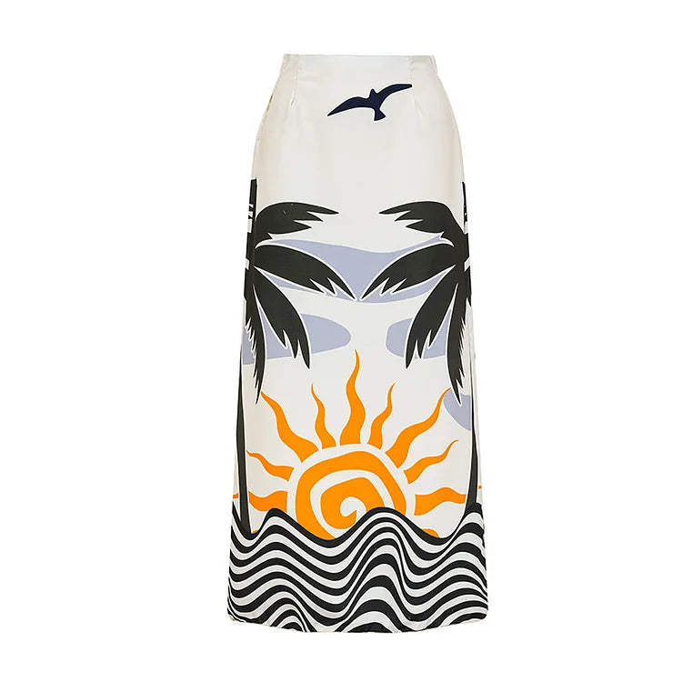 Halter Backless Tropical Print One Piece Swimsuit and Skirt