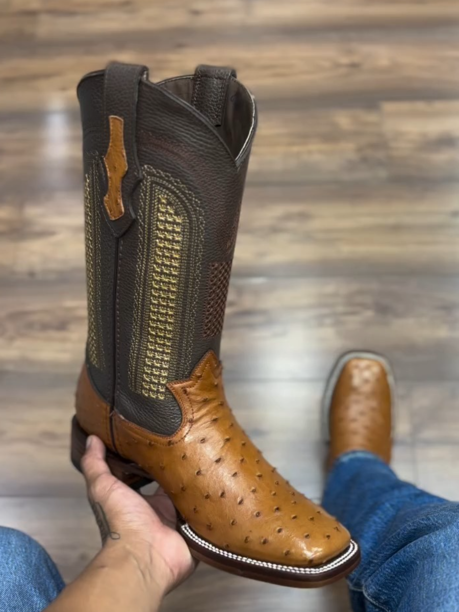 Men's Square Toe Ostrich Leather Cowboy Boots